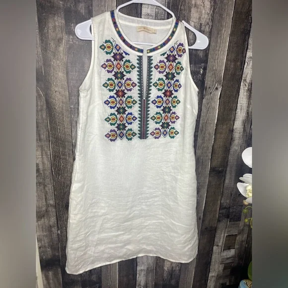 TORY BURCH Embroidered sleeveless linen dress Sz S - Picture 2 of 10